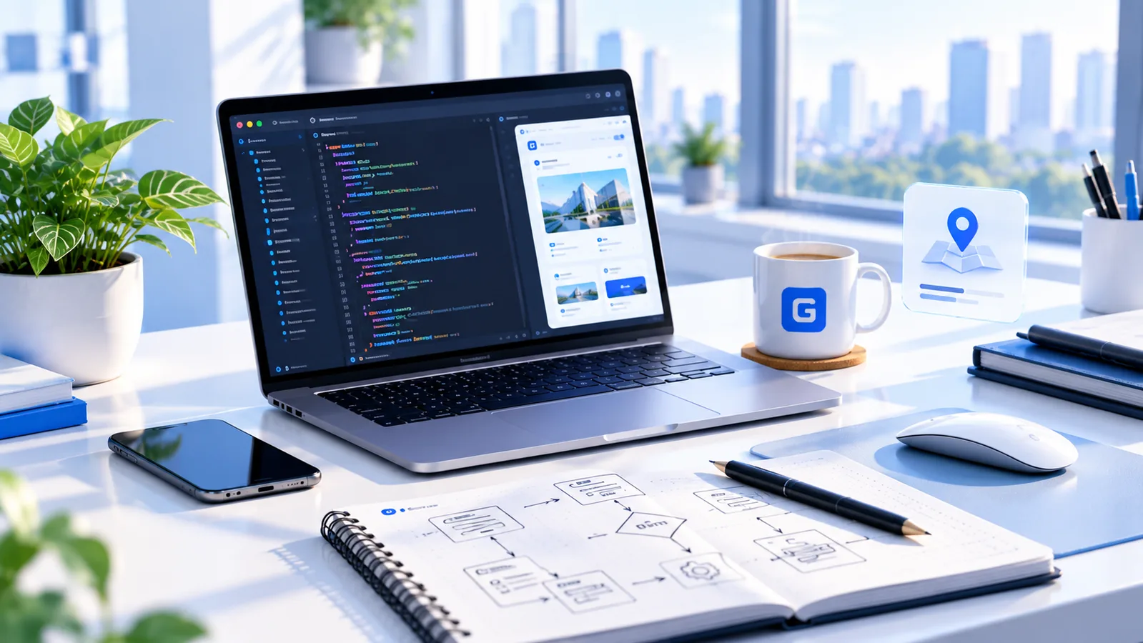 A desk with a code editor, a sketched workflow, and a location marker card